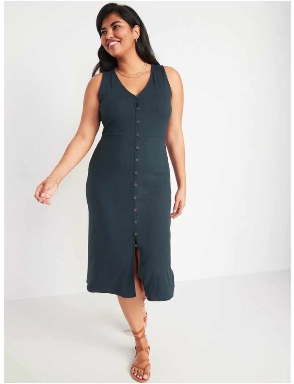 Old Navy Fitted Sleeveless Rib-Knit Button-Front Midi Dress XL green blue v-neck